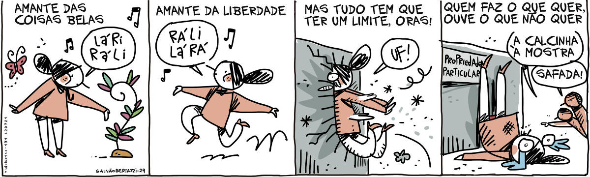 A tirinha VALTER, publicada em 12/07/2024, com 3 quadrinhos, traz VALTER, um passarinho preto com malha amarela e calças pretas  e TATI MATISSE, uma coelhinha branca de orelhas compridas e saia azul. No quadrinho 1, VALTER olha para uma linda flor. No quadrinho 2, VALTER, ainda olhando para a flor, comenta com TATI, que está ao lado: Sim, consigo enxergar sua beleza. No quadrinho 3, ele arremata: Mas logo associo ao seu valor de mercado.