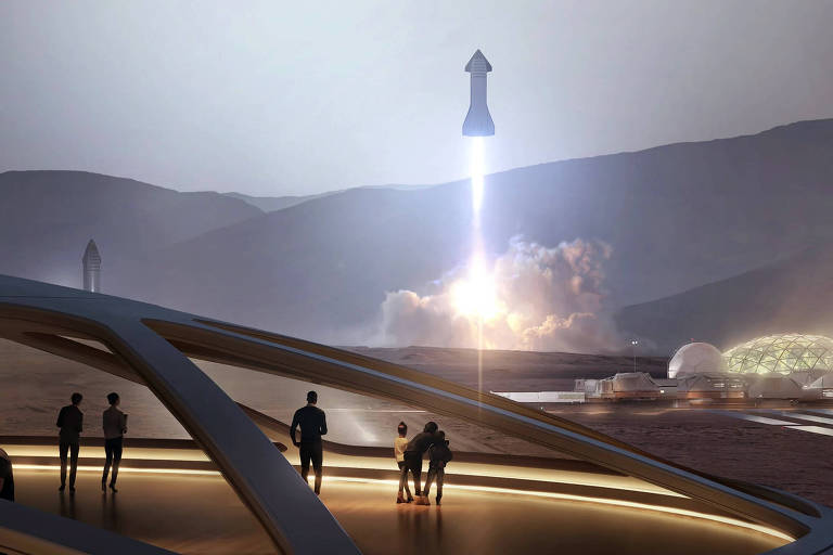 A imagem mostra um foguete sendo lançado em uma colônia espacial futurista. No primeiro plano, há várias pessoas observando o lançamento de uma plataforma elevada. Ao fundo, é possível ver estruturas e montanhas sob um céu claro. A cena sugere um ambiente extraterrestre em Marte.