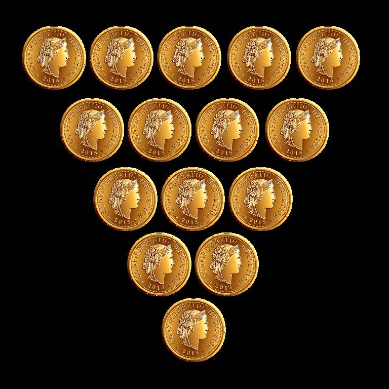 A imagem mostra dezesseis moedas de ouro dispostas em forma de triângulo invertido. Cada moeda apresenta a imagem de um perfil feminino com uma coroa de louros e a inscrição 'CONFEDERATIO HELVETICA' ao redor. A data '2015' está gravada na parte inferior de cada moeda.