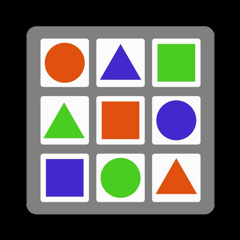 A imagem mostra uma grade de 3x3 com diferentes formas geométricas coloridas. Na primeira linha, da esquerda para a direita, há um círculo laranja, um triângulo azul e um quadrado verde. Na segunda linha, há um triângulo verde, um quadrado laranja e um círculo azul. Na terceira linha, há um quadrado azul, um círculo verde e um triângulo laranja. A grade tem bordas cinzas e cada célula tem um fundo branco.