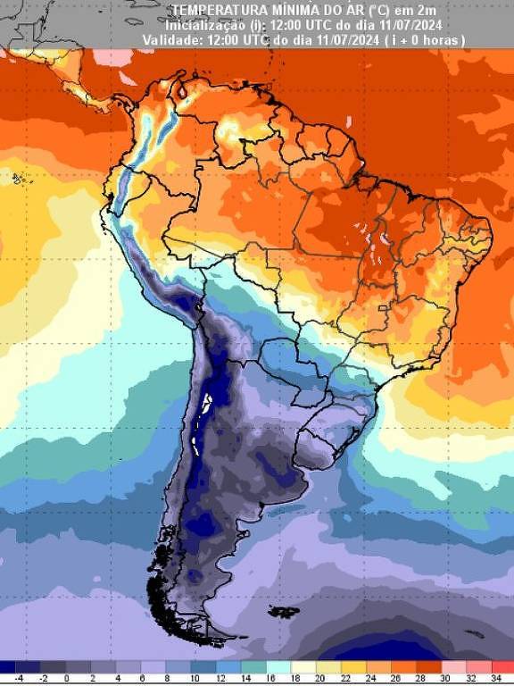 Mapa mostra a chegada da frente fria (em tons de cinza e azul) na região Sul do país nesta quinta-feira (11/7)