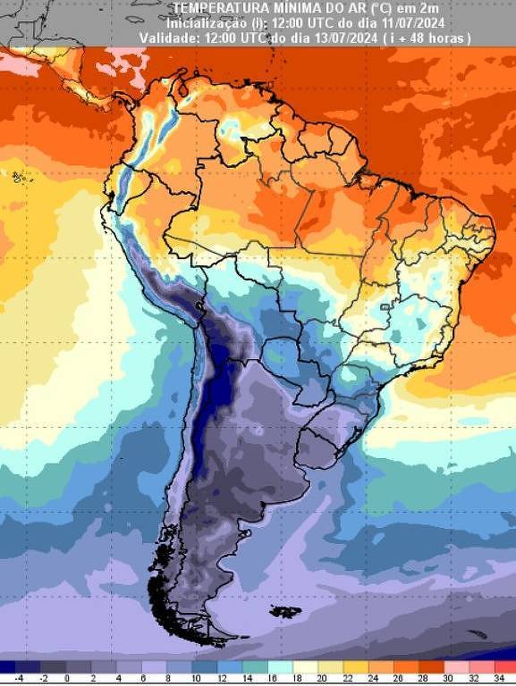 Outro mapa do Inmet mostra a ampliação da frente fria para as regiões sudeste e centro-este, chegando até o sul do Acre no sábado (13/7)