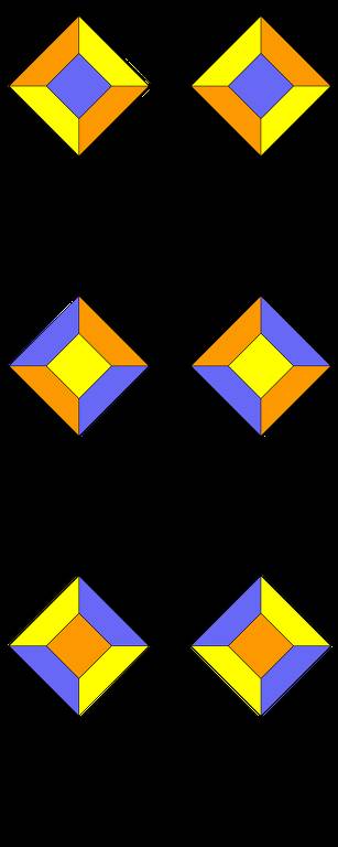 A imagem mostra seis pipas dispostas em duas colunas e três linhas. Cada pipa tem um formato de losango com quatro cores: amarelo, laranja, azul e uma cor central que varia entre amarelo, azul e laranja. As pipas têm uma cauda ondulada preta. A disposição das cores varia em cada pipa.