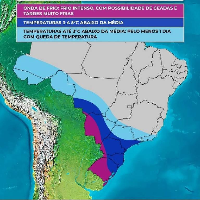 Imagem de um mapa do Brasil destacando previsões de frio intenso e possibilidade de geada e neve. O mapa está dividido em diferentes cores para representar as temperaturas: azul claro para temperaturas abaixo de 0°C, azul escuro para temperaturas entre 0°C e 5°C, e roxo para temperaturas entre 5°C e 10°C. O texto na parte superior da imagem diz: 'ONDA DE FRIO: FRIO INTENSO COM POSSIBILIDADE DE GEADA E NEVE EM ALGUMAS ÁREAS. TEMPERATURAS ABAIXO DE 0°C ABAIXO DA LINHA FRIO INTENSO E NEVE COM QUEDA DE TEMPERATURA.'