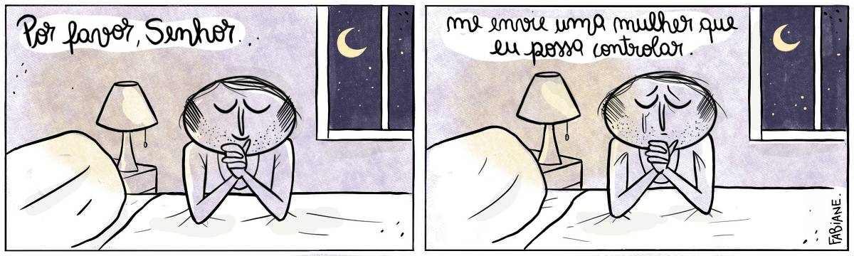 A tira Viver Dói, de Fabiane Langona, publicada em 12/07/2024 é composta por dois quadros. No primeiro, vemos um rapaz em seu quarto orando, pela janela vemos a lua e estrelas no céu. Ele está com as mãos postas em oração sobre a cama. Sua expressão é de esperança. No segundo quadro, a cena repete-se, mas agora o rapaz expressa uma certa dor. Ele chora.    No quadrinho um, uma legenda narrativa explicita o pedido ao divino feito pelo rapaz: "Por favor, Senhor..".  No quadrinho dois, a legenda narrativa complementa o seu desejo: "Me envie uma mulher que eu possa controlar.". 
