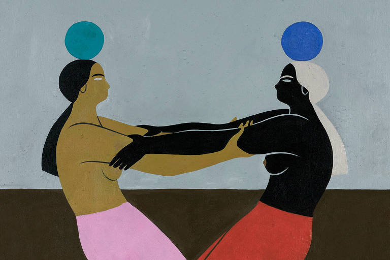 ilustração de duas mulheres, uma de cor bege claro e cabelo preto e outra negra de cabelo branco, se segurando em ciranda pelos braços com dois círculos azuis sobre a cabeça
