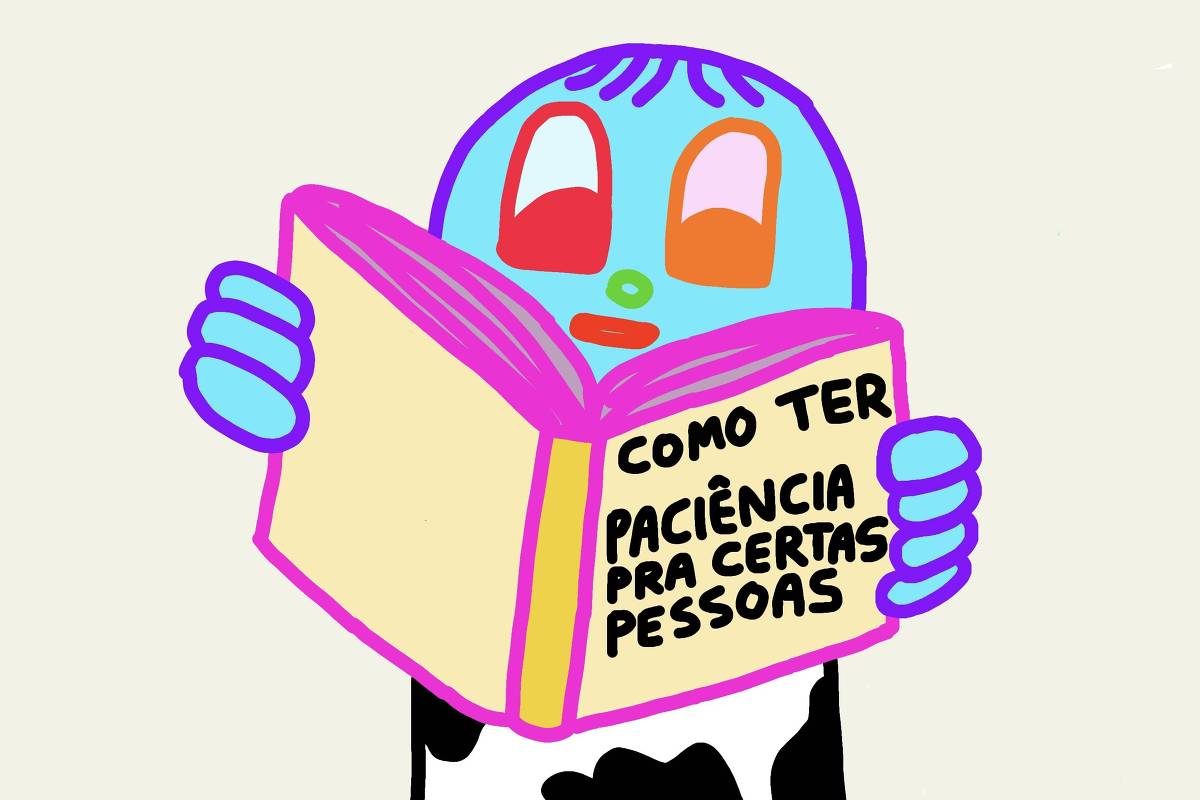 Ilustração de Pedro Vinicio mostra uma pessoa estilizada desenhada em linhas grossas roxas com preenchimento em azul-claro. Ela tem um olho vermelho e o outro laranja e veste uma roupa preta e branca. Na cena, lê um livro com o título "Como ter paciência pra certas pessoas".