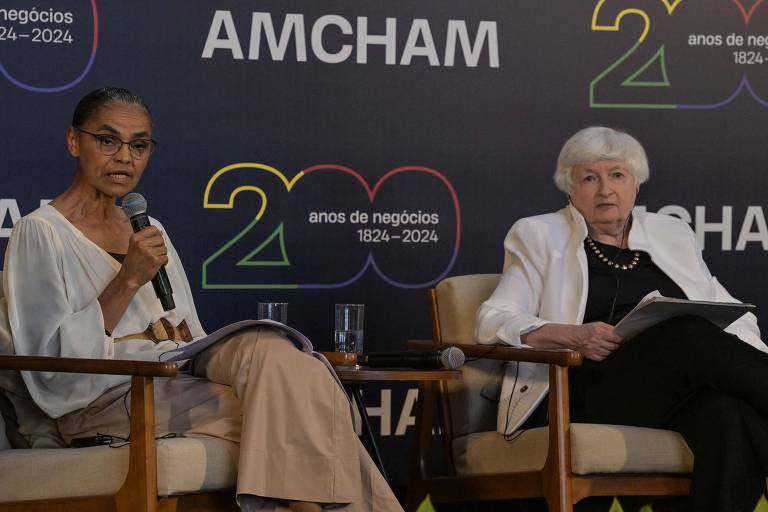A ministra do Meio Ambiente, Marina Silva, ao lado da secretária do Tesouro dos EUA, Janet Yellen, durante evento da Câmara Americana de Comércio (Amcham), em São Paulo