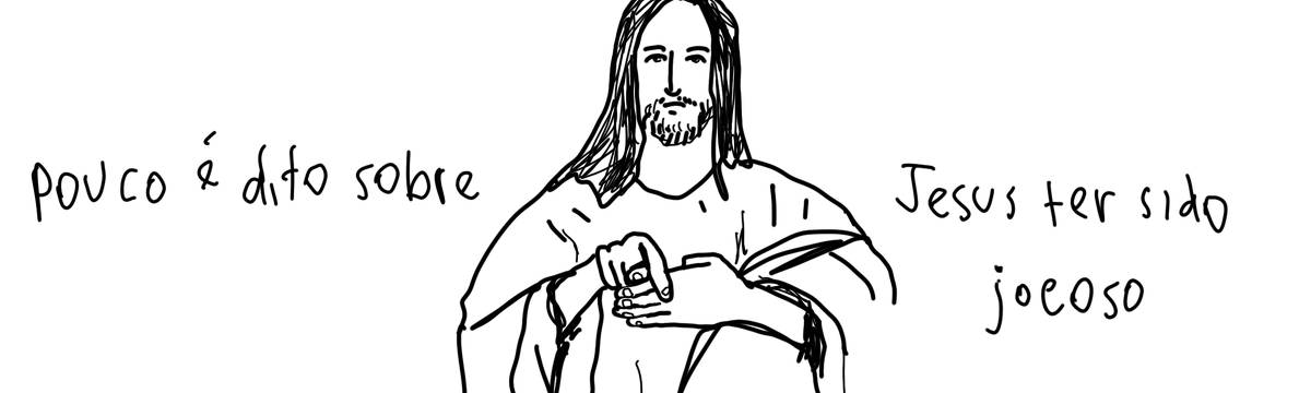 A tirinha em preto e branco de Estela May, publicada em 13/07/24, traz um desenho de Jesus fazendo um truque com as mãos. Ao lado, “pouco é dito sobre Jesus ter sido jocoso”