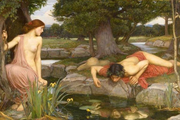 Pintura romântica mostra homem debruçado sobre rio vendo sua própria imagem e moça ao lado olhando para ele
