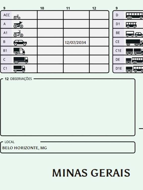 Carteira de motorista com desenhos de veículos e marcação de categoria B (carro) válida até 2034. Sem observações