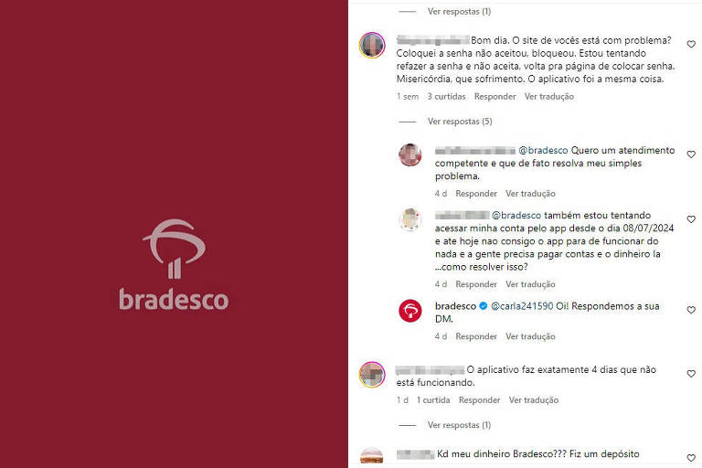 A imagem mostra uma postagem do Bradesco no Instagram. À esquerda, há um fundo vermelho com o logotipo do Bradesco em branco. À direita, há uma captura de tela da seção de comentários da postagem, onde vários usuários interagem com a publicação. O texto da postagem não está totalmente visível.