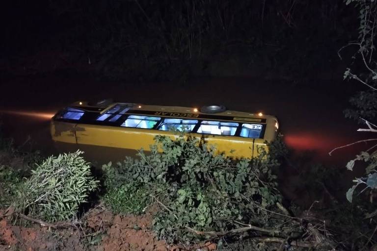 A imagem mostra um ônibus escolar amarelo tombado em uma área de vegetação durante a noite. O ônibus está parcialmente inclinado e cercado por arbustos e árvores. As luzes internas do ônibus estão acesas, iluminando o interior. O ambiente ao redor está escuro, indicando que a foto foi tirada à noite.