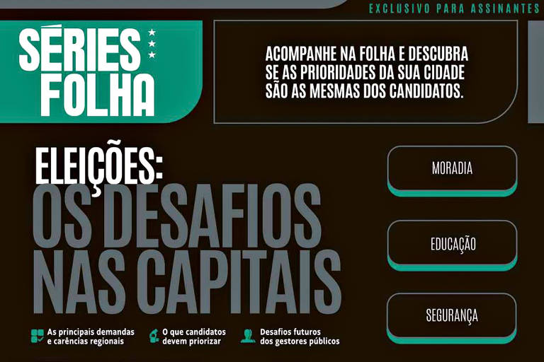 Imagem com informação sobre série da Folha a respeito de desafios nas capitais, com foco nas eleições municipais. Imagem tem cores preta, verde, branca e cinza