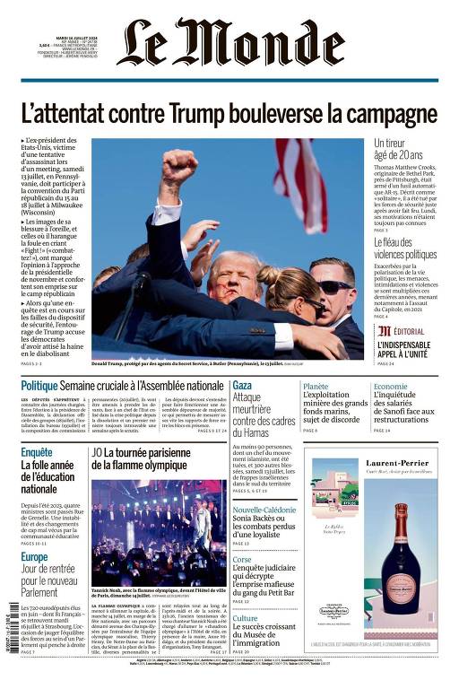 Capa do jornal francês Le Monde após atentado contra o ex-presidente dos Estados Unidos Donald Trump