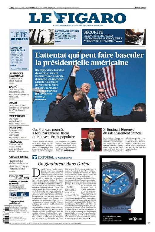 Capa do jornal francês Le Figaro após atentado contra o ex-presidente dos Estados Unidos Donald Trump
