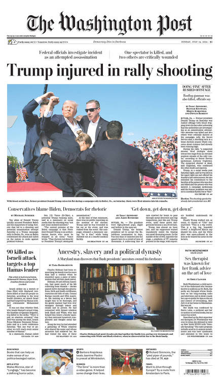 Capa do jornal americano The Washington Post após atentado contra o ex-presidente dos Estados Unidos Donald Trump