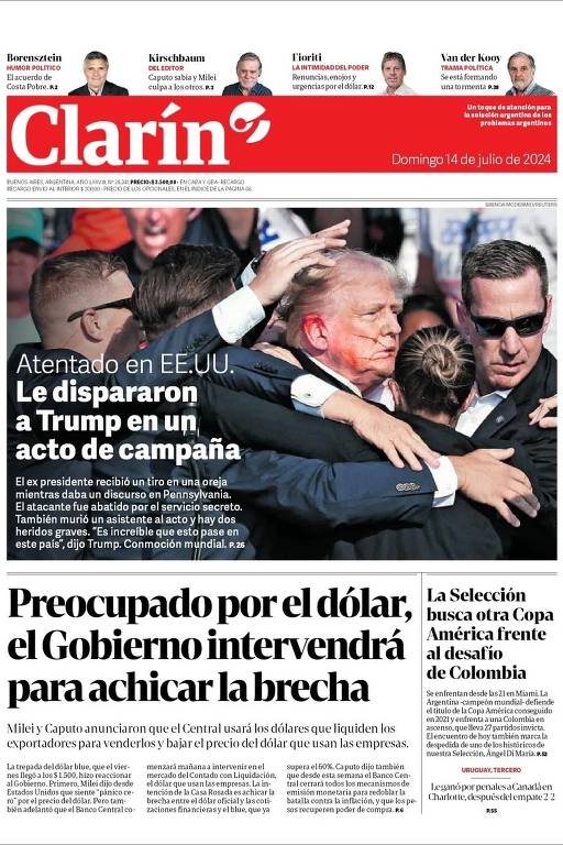 Capa do jornal argentino Clarín após atentado contra o ex-presidente dos Estados Unidos Donald Trump