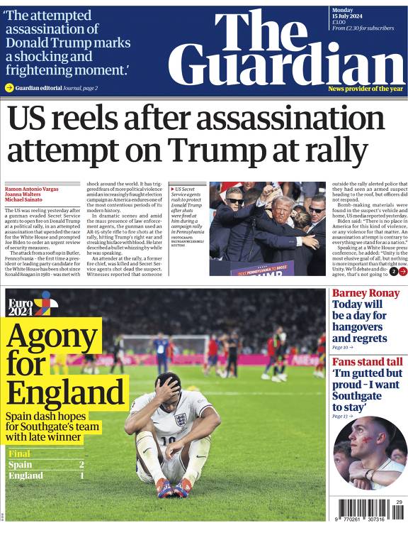 Capa do jornal britânico The Guardian após atentado contra o ex-presidente dos Estados Unidos Donald Trump