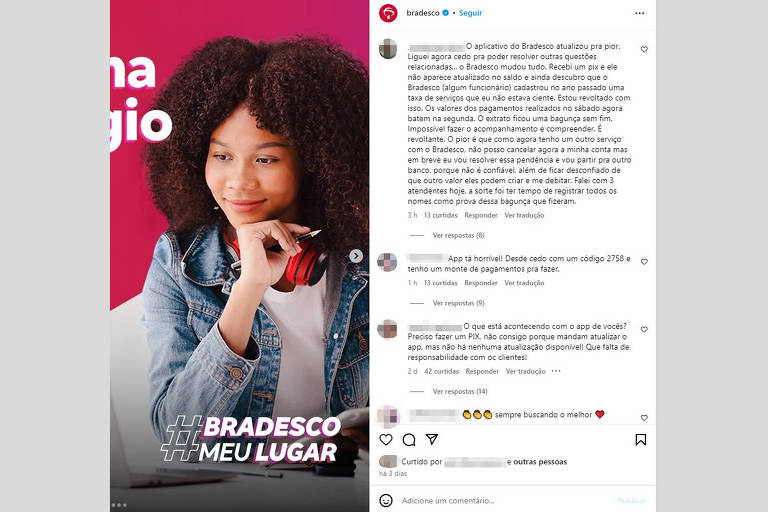 Print da rede social Instagram com a aba comentários em destaque mostrando as queixas de clientes.