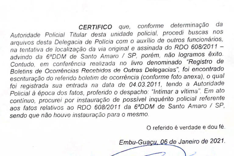 Documento apresentado por Ricardo Nunes afirma que boletim original não foi achado, mas que livro de ocorrências foi encontrada escrituração de B.O.