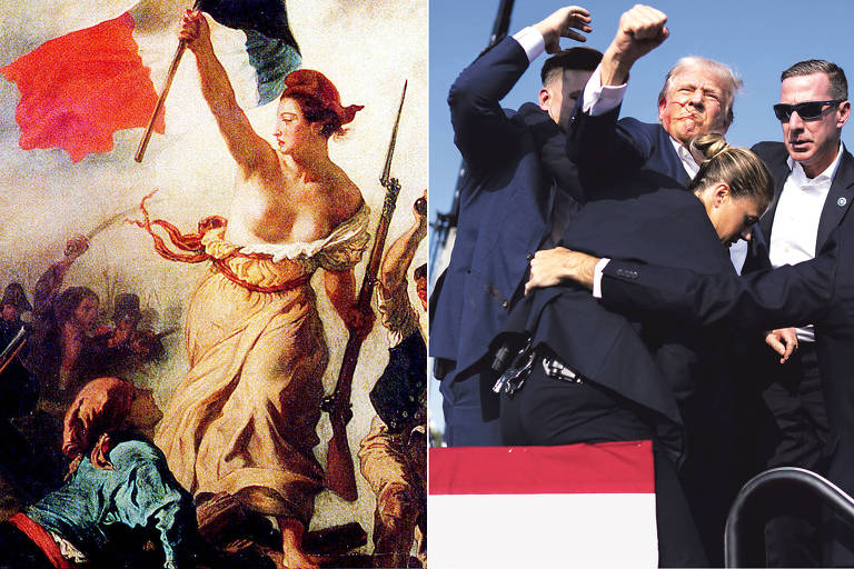 Montagem do quadro 'A Liberdade Guiando o Povo', de Eugène Delacroix, com fotografia do ex-presidente dos Estados Unidos, Donald Trump, em evento onde sofreu uma tentativa de assassinato 


