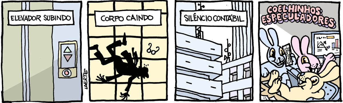 Tira de Laerte, em 4 quadrinhos: 1) Porta de elevador fechada, com sinal de seta ascendente. Uma legenda indica: “ELEVADOR SUBINDO”. 2) Janela ampla, dando para o exterior. Silhueta de um homem caindo, de paletó e gravata, os óculos voando no ar. Uma legenda indica: “CORPO CAINDO”. 3) Cenário urbano, com edifícios comerciais, tudo vazio. Uma legenda diz: “SILÊNCIO CONTÁBIL”. 4) Três coelhinhos risonhos e coloridos, como em histórias infantis, num escritório . Um deles de perna cruzada sobre a mesa, outro com um celular na mão, outro em frente a um computador com alguns gráficos. Sobre a imagem, um título, como de um filme: “COELHINHOS ESPECULADORES”.