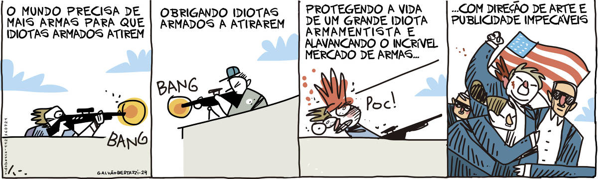 A tira de Galvão Bertazzi se chama Vida Besta e está dividida em quatro quadros. No primeiro quadro temos a legenda: O mundo precisa de mais armas para que idiotas amados atirem. O desenho de um homem armado em cima de um telhado. Ele dá um tiro BANG!  No segundo quadro temos a legenda: Obrigando idiotas armados a atirarem. O desenho de um outro homem armado em outro telhado. Ele atira contra o primeiro atirador.  No terceiro quadro temos a legenda: Protegendo a vida de um grande idiota armamentista e alavancando o mercado de armas... O desenho do primeiro atirador levando um tiro na cabeça e morrendo em cima do telhado.  No quarto quadro temos a legenda: ... com direção de arte e publicidade impecáveis. O desenho retratando o momento em que o candidato TRUMP é alvejado na orelha e protegido pelos seus guarda costas, com a bandeira dos estados unidos da américa ao fundo