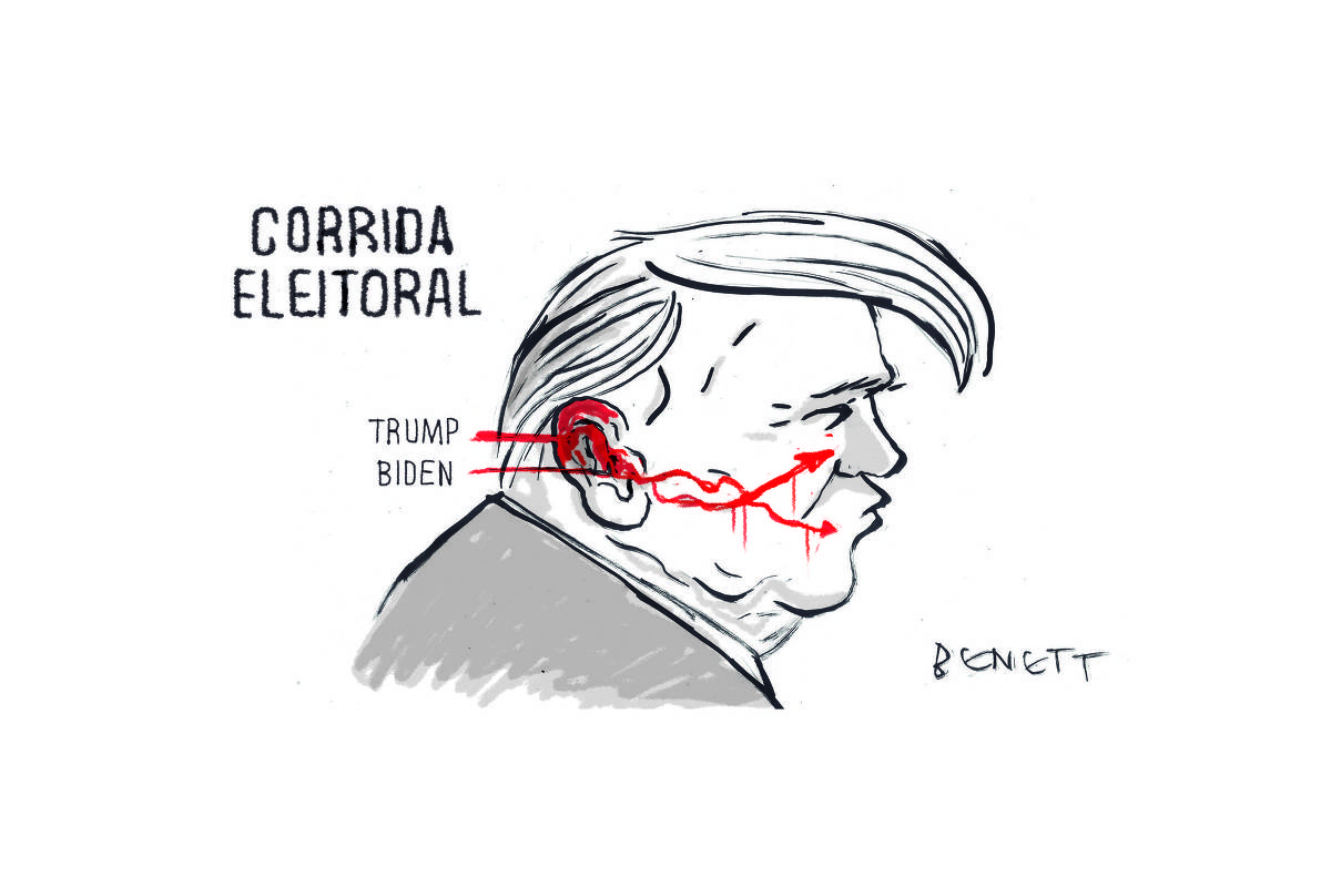 A charge de hoje publicada pela Folha em todas as suas plataformas é de Benett (@cartunistabenett). Ela tem o título Corrida Eleitoral e mostra uma caricatura de Donald Trump, com duas linhas de sangue causadas pelo tiro que levou na orelha. Como em um gráfico eleitoral, na linha que escorre para baixo, lê-se Biden. Na que escorre para cima, lê-se Trump.