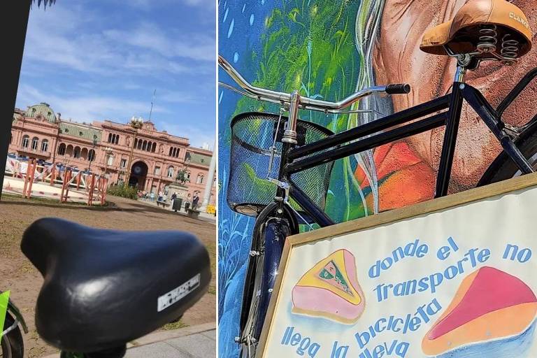 Imagens de duas bicicletas com bancos feitos pela empresa do argentino Rogelio Bella, 45, a fabricante de assentos para bicicletas Bicipartes El Miguelito. A primeira imagem tem a Casa Rosada ao fundo, a segunda tem um cartaz em que se lê "Onde o transporte não chega, a bicileta te leva"