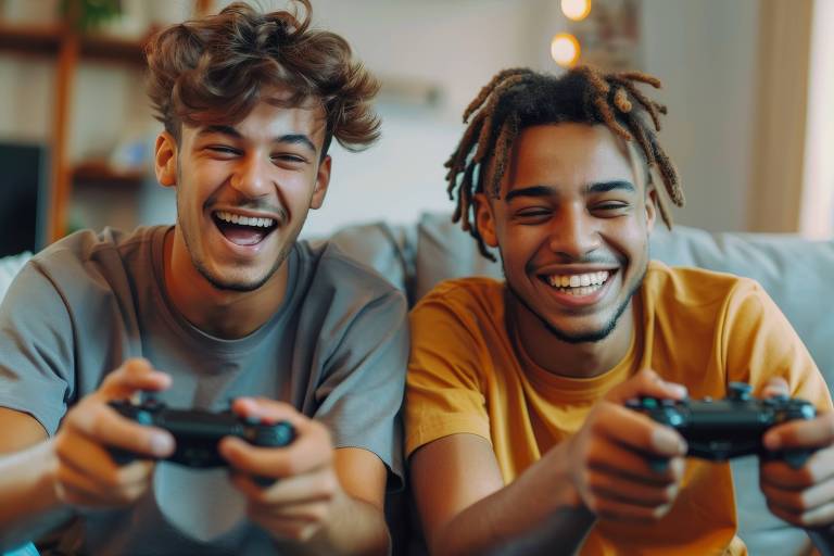 Dois jovens jogam videogame sentados no sofá de casa; eles usam controladores de jogo nas mãos