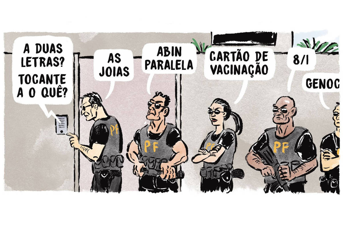 Agentes da polícia federal fazem fila no portão de uma casa. O primeiro da fila toca o interfone e alguém responde: "A duas letras? Tocante a o quê?" E cada um deles responde: "As joias" "Abin paralela" "Cartão de vacinação""8/01""Genocídio