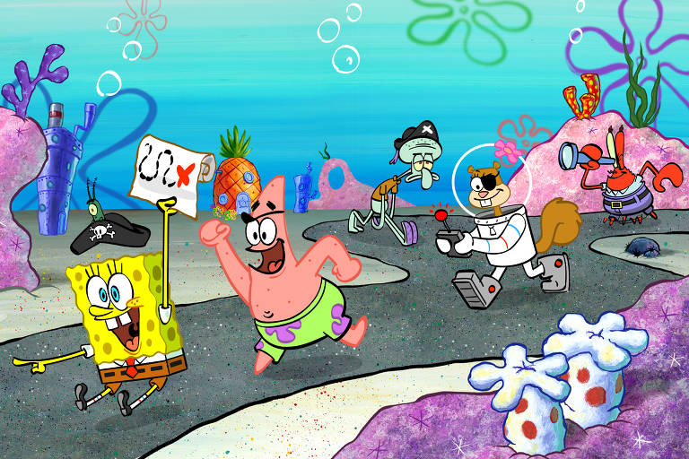 A imagem mostra uma cena do desenho animado Bob Esponja. Os personagens principais, Bob Esponja e Patrick, estão correndo em primeiro plano, com expressões animadas. Bob Esponja está segurando um mapa grande e Patrick está com um sorriso largo. Ao fundo, outros personagens como Squidward, Sandy e Seu Sirigueijo podem ser vistos em poses características, adicionando à dinâmica da cena. O cenário é composto por rochas coloridas, plantas marinhas e um fundo azul claro.