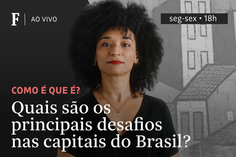 Priscila Camazano, uma mulher negra com blackpower está séria. À esquerda, o tema do programa: "Quais são os principais desafios nas capitais do Brasil?". Ao fundo, ilustração de prédios