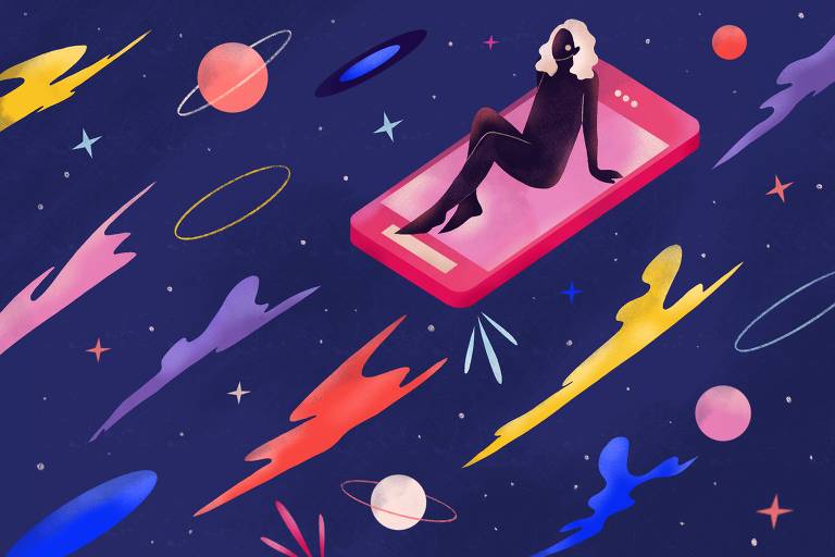 arte ilustra o espaço sideral e uma mulher sobre um telefone celular