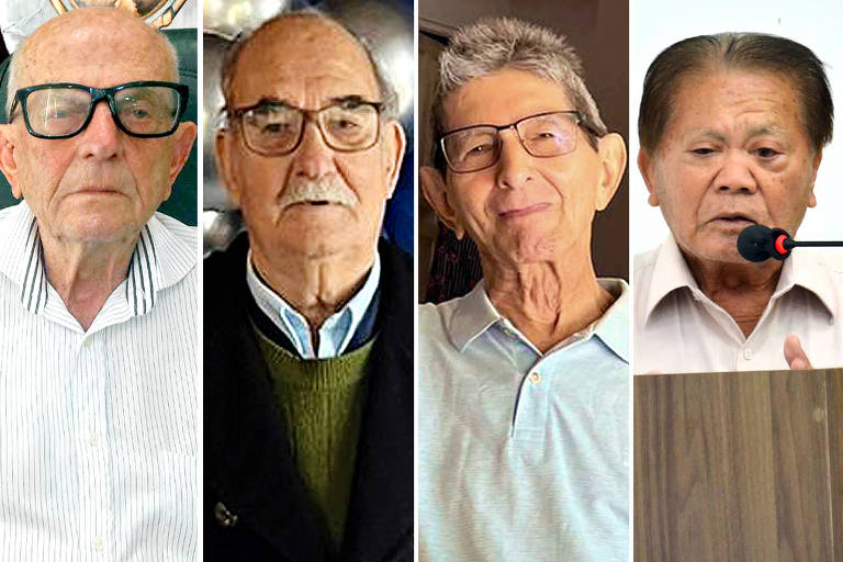 Montagem com quatro homens mais velhos, que posam para a foto. Três deles usam óculos