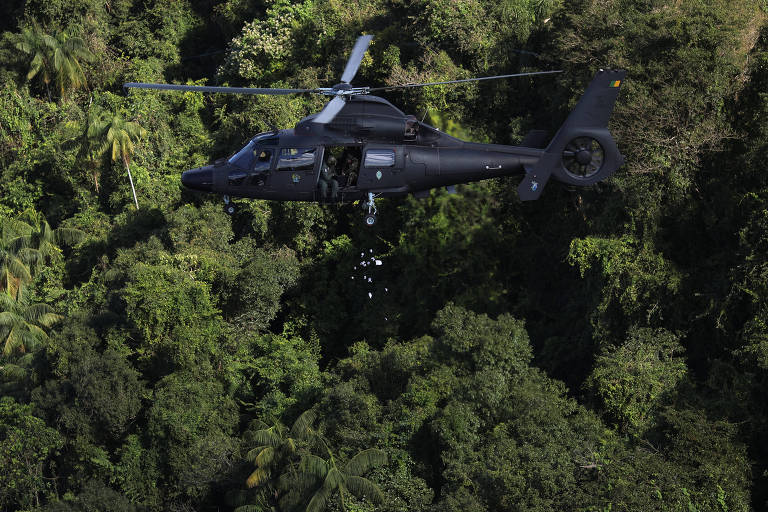 Na foto, um helicóptero preto sobrevoa uma área arborizada e despeja pequenas buchinhas brancas contendo sementes em direção ao solo.
