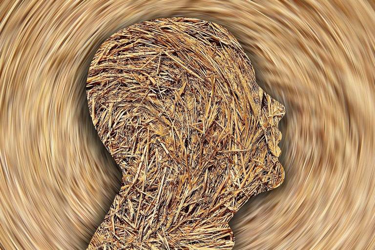 A imagem mostra a silhueta de uma cabeça humana feita de palha ou fibras naturais. O fundo é composto por um padrão circular que parece girar, também em tons de palha, criando um efeito visual dinâmico.