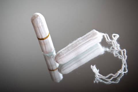 This photograph taken on April 25, 2023, in Courseulles-sur-Mer, shows hygienic tampons. (Photo by Lou BENOIST / AFP)