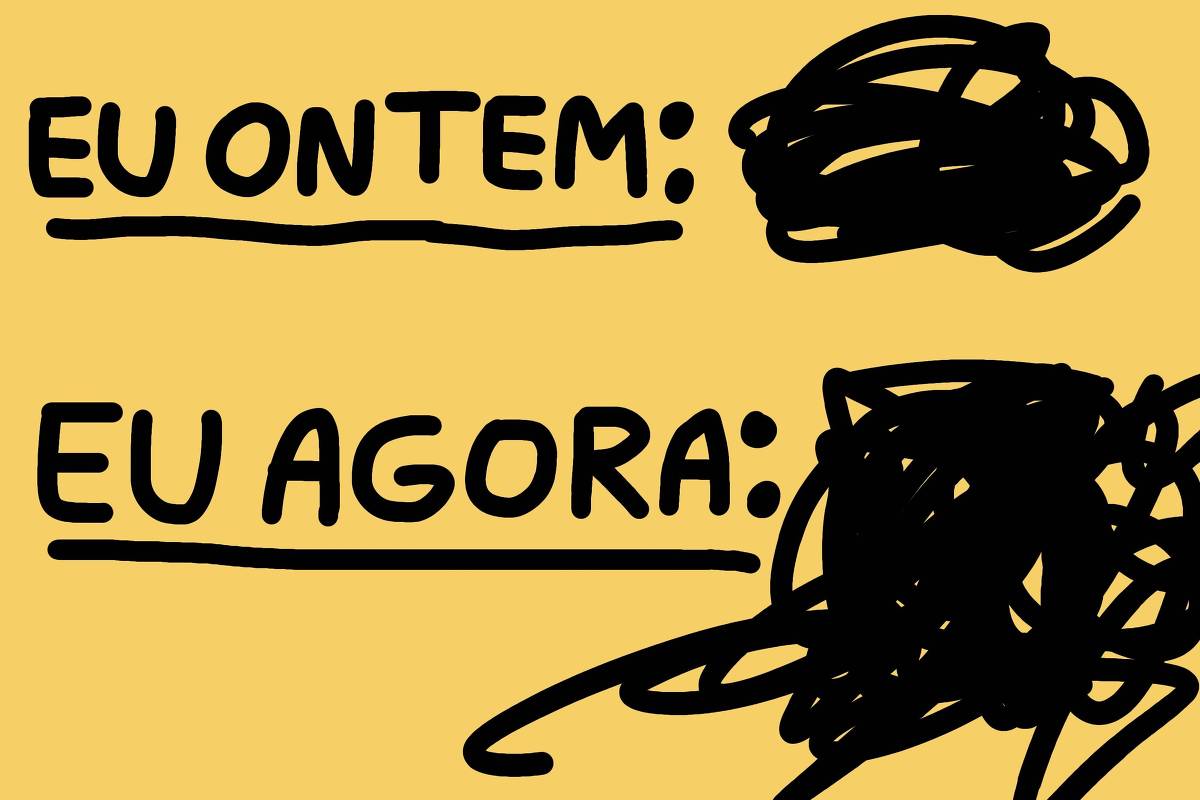 A imagem possui um fundo amarelo e contém duas frases escritas em preto. A primeira frase diz 'EU ONTEM:' seguida de um rabisco preto desordenado. A segunda frase diz 'EU AGORA:' seguida de um rabisco preto maior e mais desordenado.