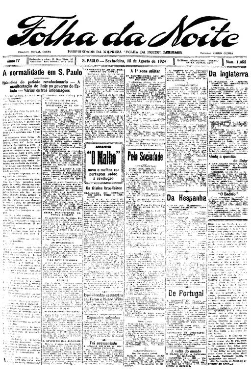 Primeira Página da Folha da Noite de 15 de agosto de 1924