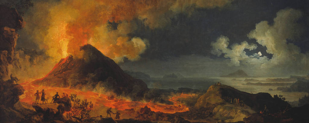 Nesta composição, lava derretida jorra da boca do Vesúvio, na Itália, e serpenteia pela encosta em direção à Baía de Nápoles. Figuras humanas observam tudo