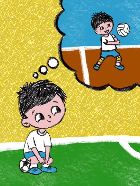 ilustração de uma criança sentada em cima de bola de futebol, num gramado, pensando nela mesmao jogando volei.