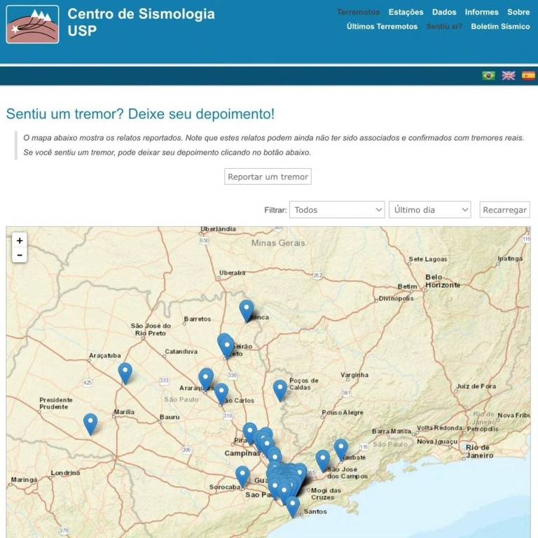 A imagem mostra uma página do site do Centro de Sismologia da USP.  Abaixo, há um mapa da região sudeste do Brasil, com vários marcadores azuis indicando locais onde tremores foram reportados. O mapa cobre principalmente o estado de São Paulo e parte de Minas Gerais