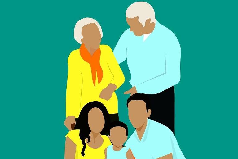 Ilustração mostra família composta de pais, avós e uma criança