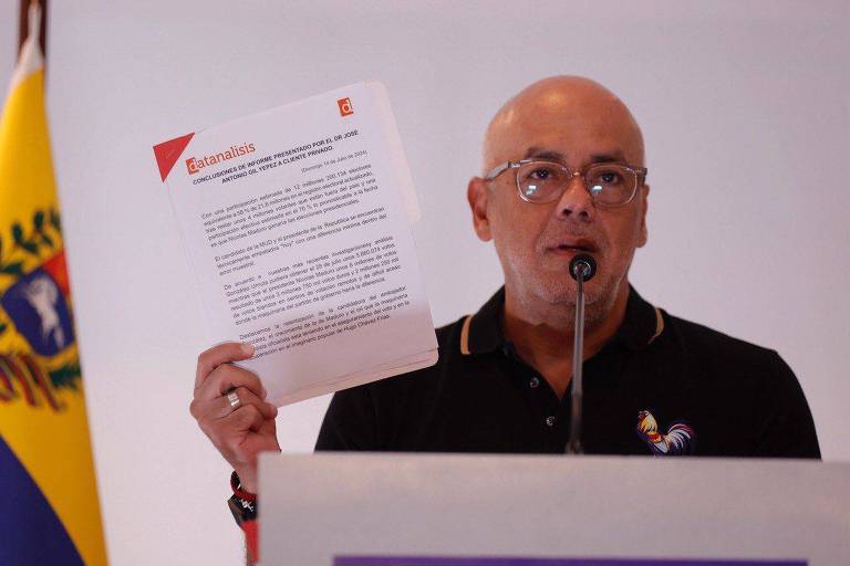 Jorge Rodríguez, coordenador do comando de campanha Venezuela Nuestra, que representa o ditador Nicolás Maduro nas eleições