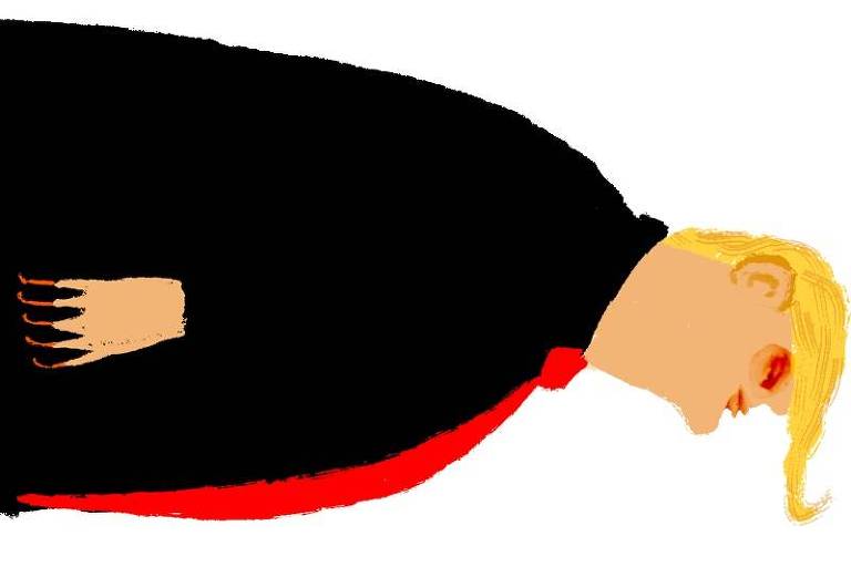 A imagem é uma caricatura de Donald Trump com cabelo loiro estilizado, vestindo um terno preto e uma gravata vermelha. A figura é desenhada de perfil, com um rosto exagerado e uma mão visível ao lado do corpo.