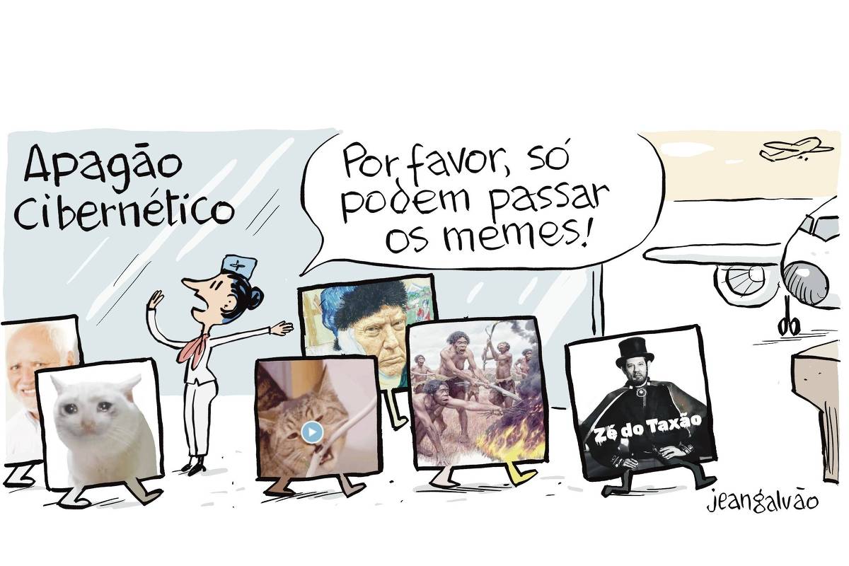 Charge de Jean Galvão com o título "Apagão Cibernético" mostra uma comissária de bordo no portão de embarque de um aeroporto, com uma das mãos levantadas e a outra apontando para a frente, falando em voz alta: "Por favor, só podem passar os memes". Uma fila formada pelos memes mais conhecidos da internet avança em direção à aeronave estacionada na pista. Entre eles, estão um Trump com uma faixa cobrindo a orelha em estilo Van Gogh, um gato chorando, homens das cavernas fazendo fogo, e o ministro Haddad como 'Zé do Taxão'.