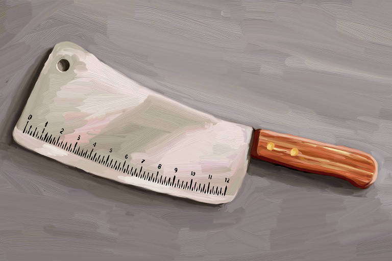 A ilustração de Adams Carvalho, publicada na Folha de São Paulo no dia 21 de Julho de 2024, mostra o desenho de um cutelo de açougueiro com uma lâmina larga e plana. A lâmina possui uma régua gravada na borda inferior, com marcações de 0 a 12. O cabo da faca é de madeira com dois rebites dourados.