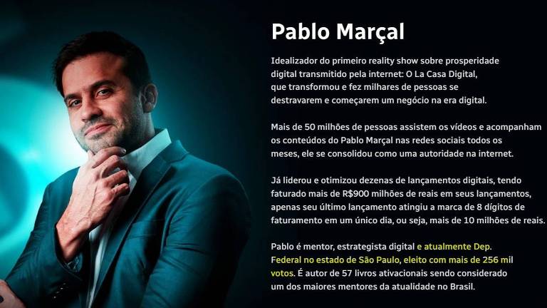 Imagem de site de Pablo Marçal, em que ele dizer ser deputado federal